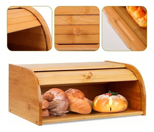Porta Pão Bambu Com Tampa Retrátil Cor Bege Liso Casa Uno - R$ 75,99